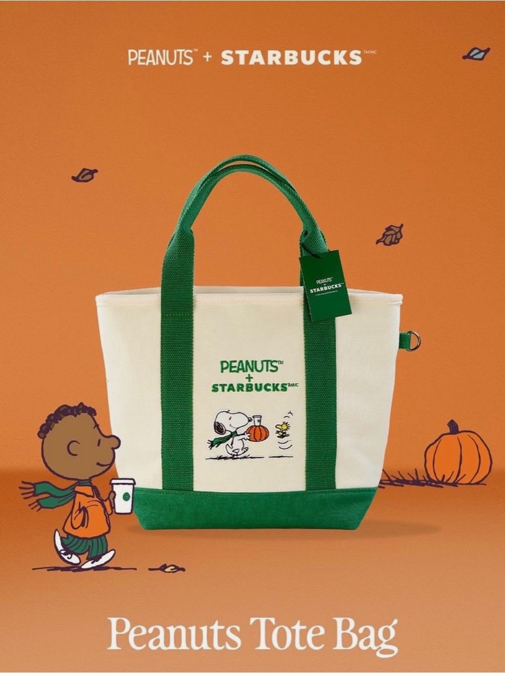 Starbucks Peanuts Canvas Tote in Cream & Green with Snoopy